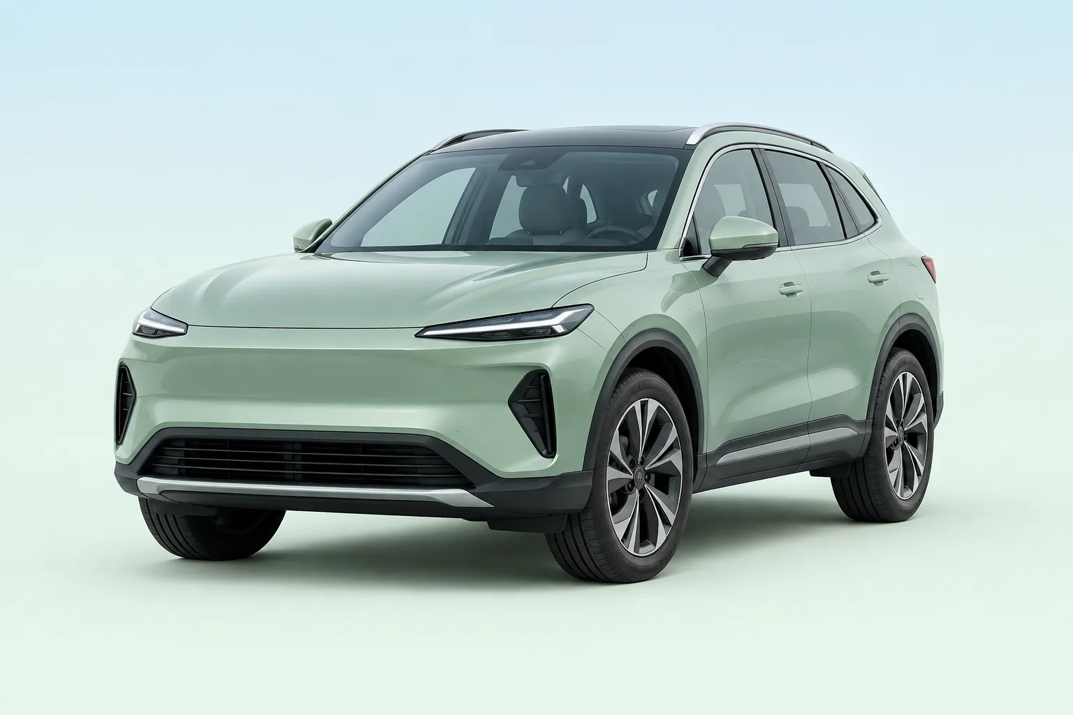 Hellgrünes Elektro-SUV vor hellem Himmelsverlauf